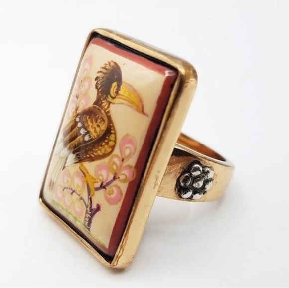 Bronze 925 Silver AKR Amy Kahn Russel Hand Painted Bird Statement Ring Sz 5 - Picture 2 of 8
